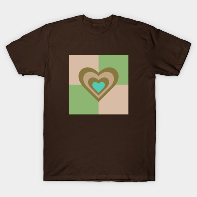 LOVE HEARTS CHECKERBOARD Retro Alt Valentines in Olive Sand Turquoise on Cream Green Geometric Grid - UnBlink Studio by Jackie Tahara T-Shirt by UnBlink Studio by Jackie Tahara